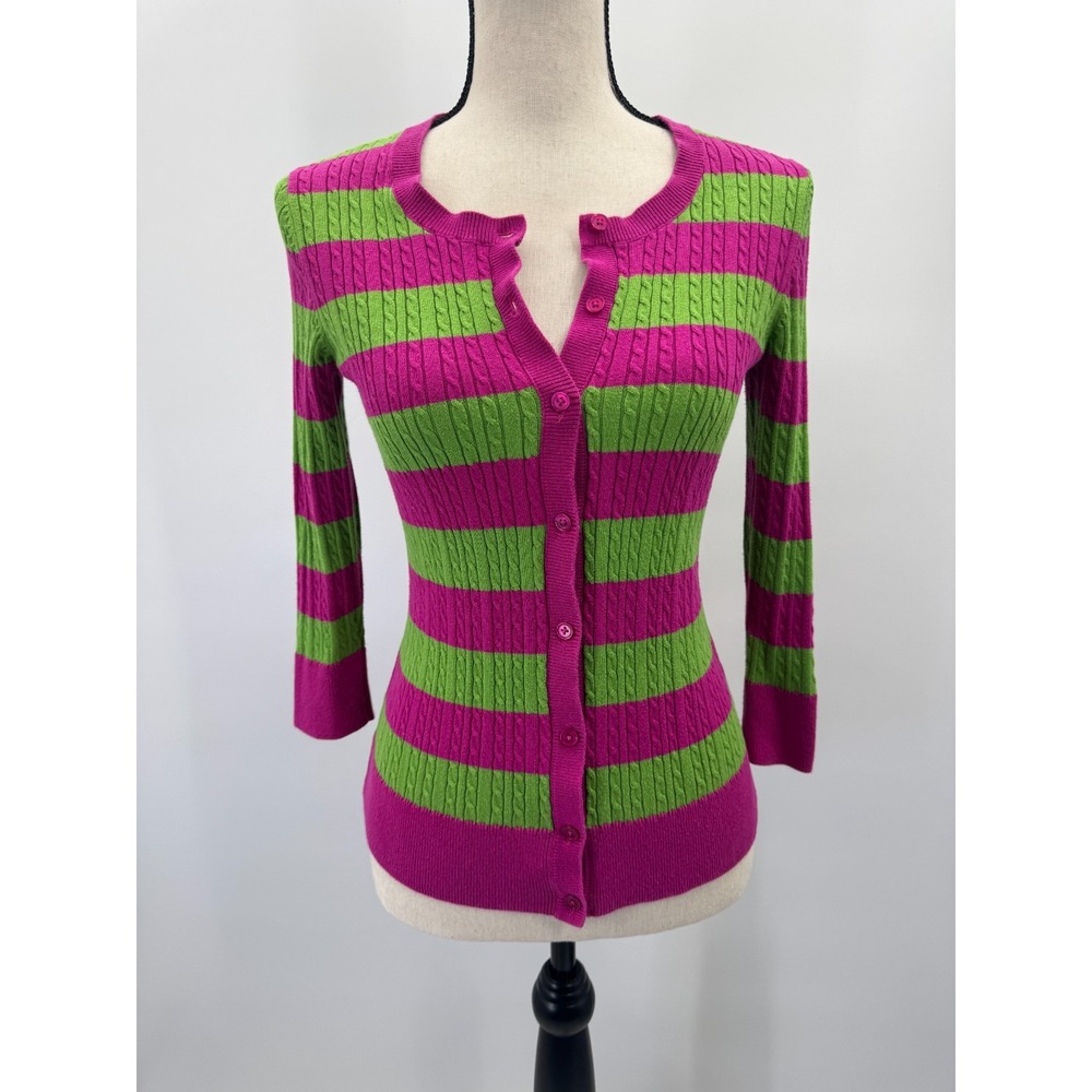 VTG Y2k Striped Cable Knit Pink Green Button Down Cardigan Sweater Small Preppy